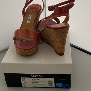 Alfani Raspberry Patent Cork Wedge Sandals, women’s size 7 1/2.